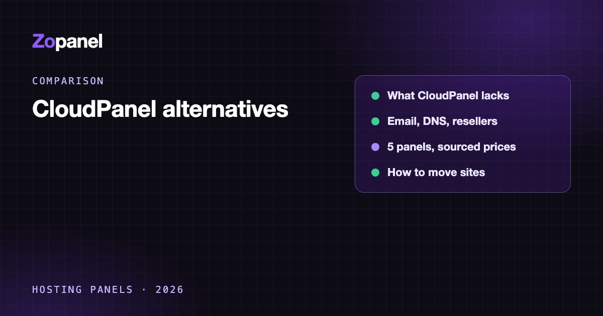 Table comparing CloudPanel with five control panels on email, DNS and resellers