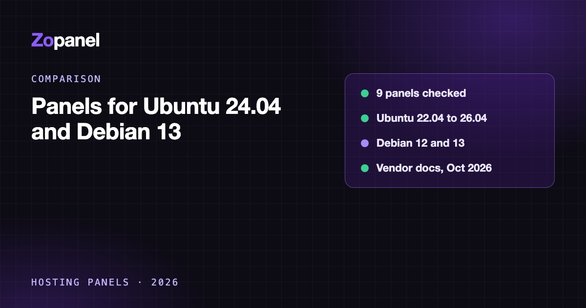 Bảng so sánh các control panel hosting theo mức hỗ trợ Ubuntu 24.04, Ubuntu 26.04 và Debian 13