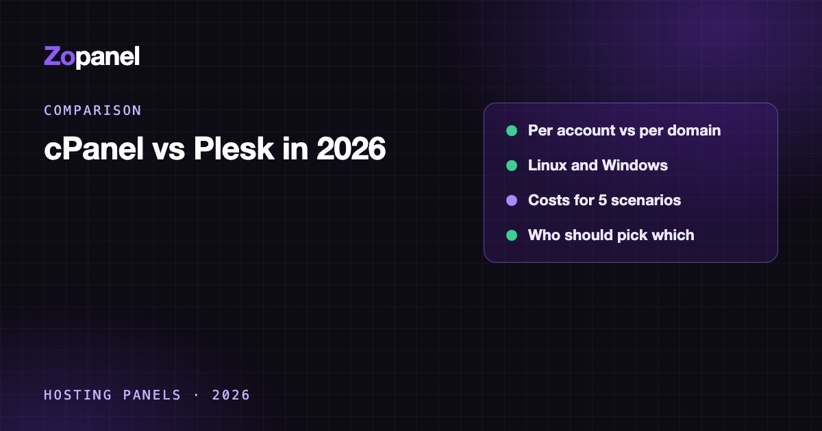 Comparison chart of cPanel and Plesk: pricing model, operating systems and features