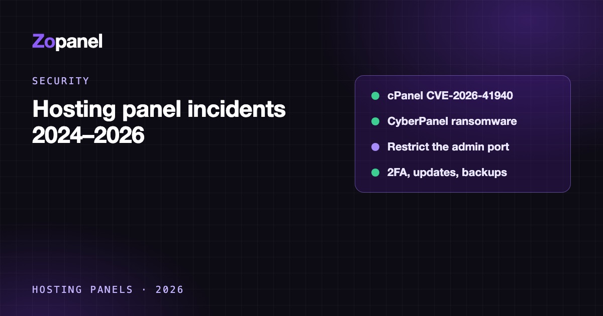 Timeline of hosting control panel security incidents from 2024 to 2026 with a defense checklist