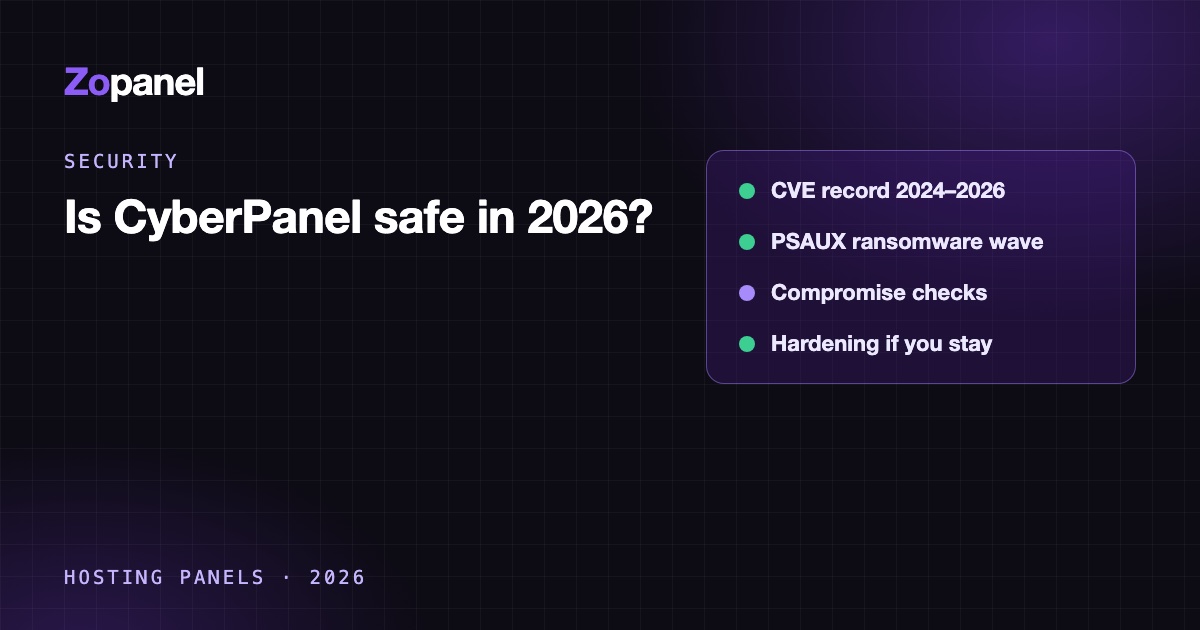 Timeline of CyberPanel vulnerabilities from 2024 to 2026 with a server checklist