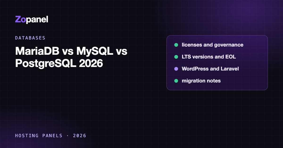 Three database engines, MariaDB, MySQL and PostgreSQL, compared side by side on licenses, versions and app support