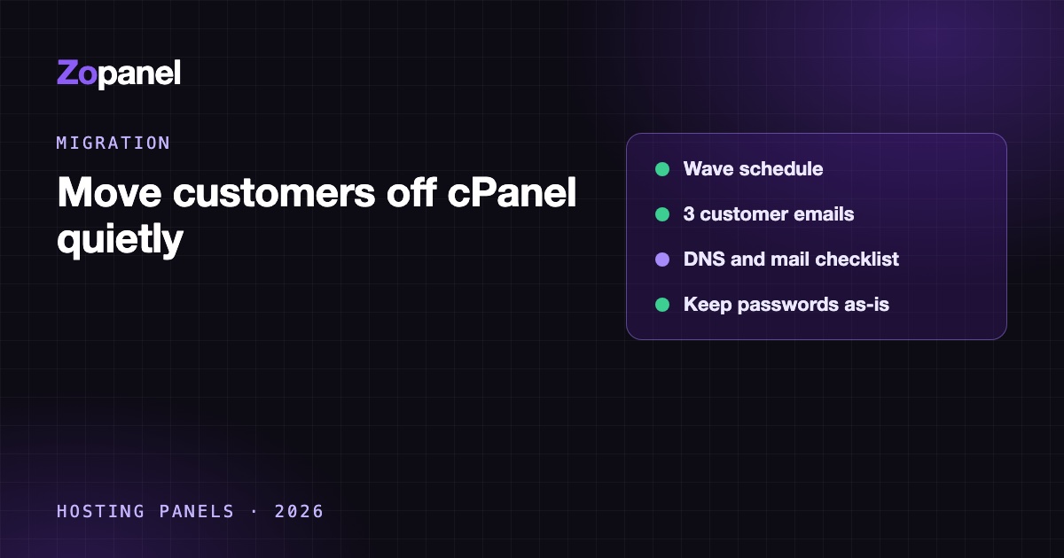 Dòng thời gian các đợt chuyển với email gửi khách và checklist DNS, mail khi chuyển khách hosting khỏi cPanel