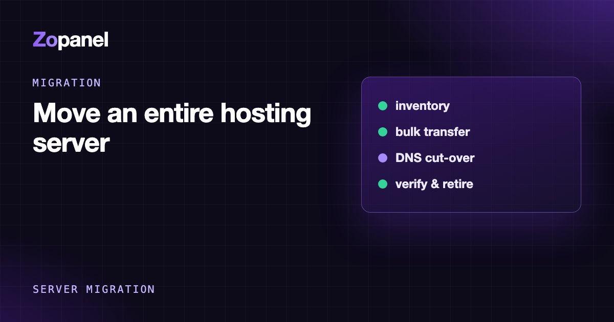Diagram: hosting accounts moving one by one from an old server to a new one