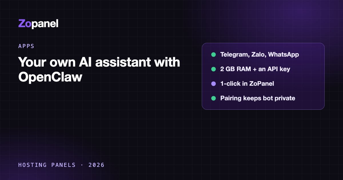 A phone chatting with a self-hosted OpenClaw AI assistant through Telegram, Zalo and WhatsApp, connected to a VPS