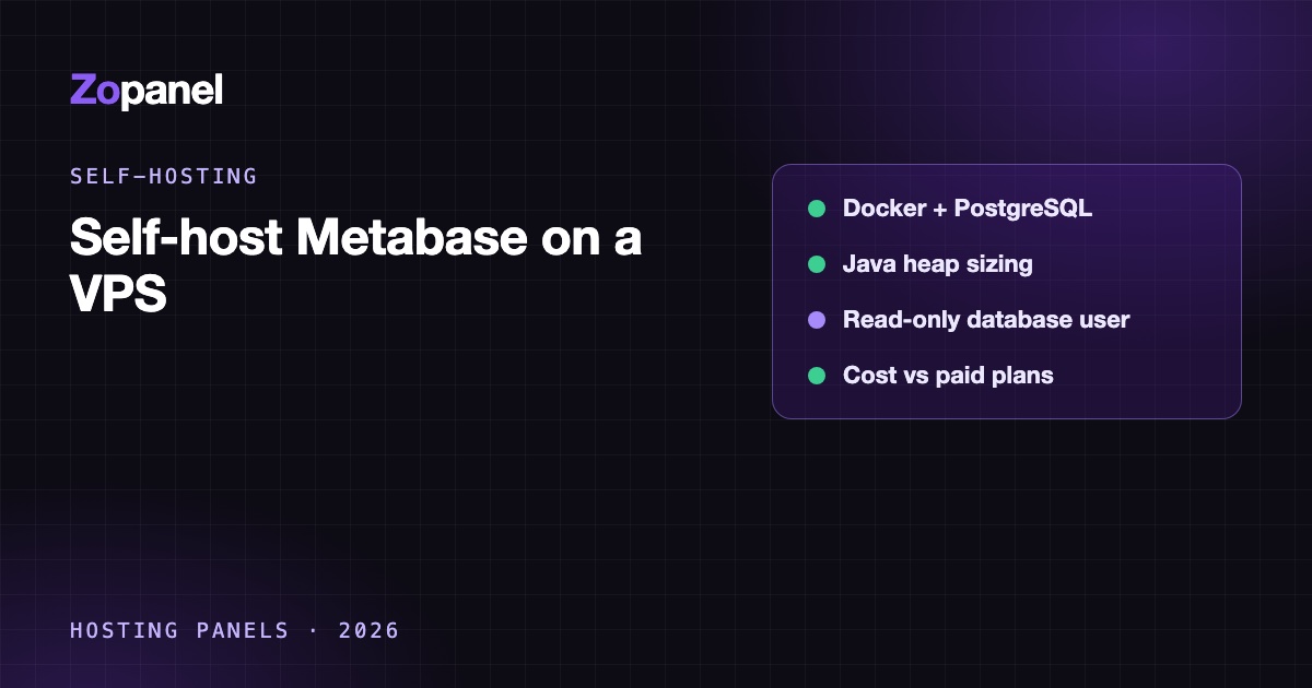 Diagram: Metabase in Docker reading a shop database through a read-only user and serving dashboards over HTTPS