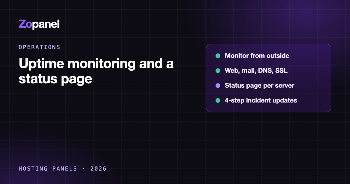A status page showing web, mail and DNS components per server, with an incident update marked Monitoring