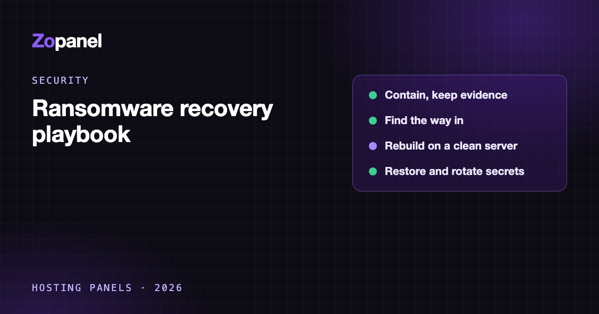 A locked server with encrypted files on one side and a clean server restored from backup on the other