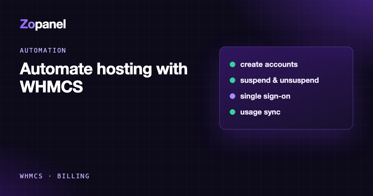 Diagram of an automated hosting service lifecycle between WHMCS and a control panel