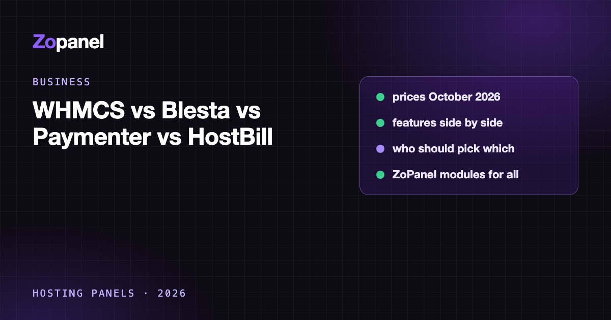 Four billing systems, WHMCS, Blesta, Paymenter and HostBill, compared side by side on price and features