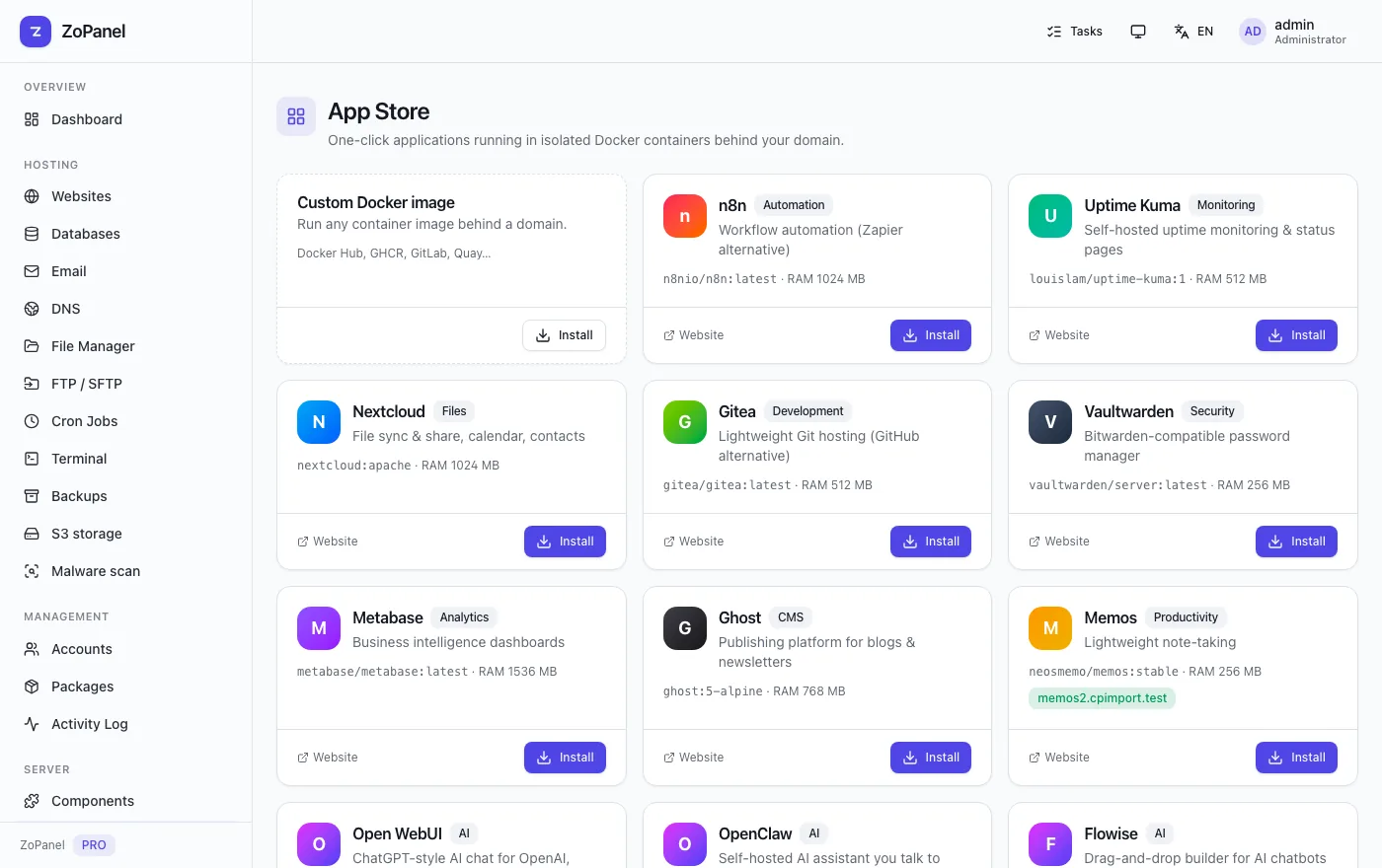 App Store & object storage — ZoPanel