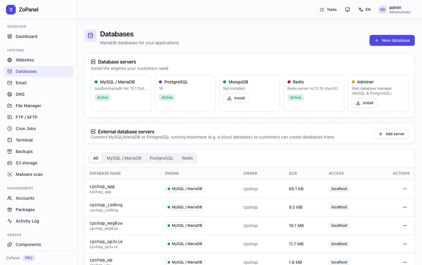 Databases — ZoPanel